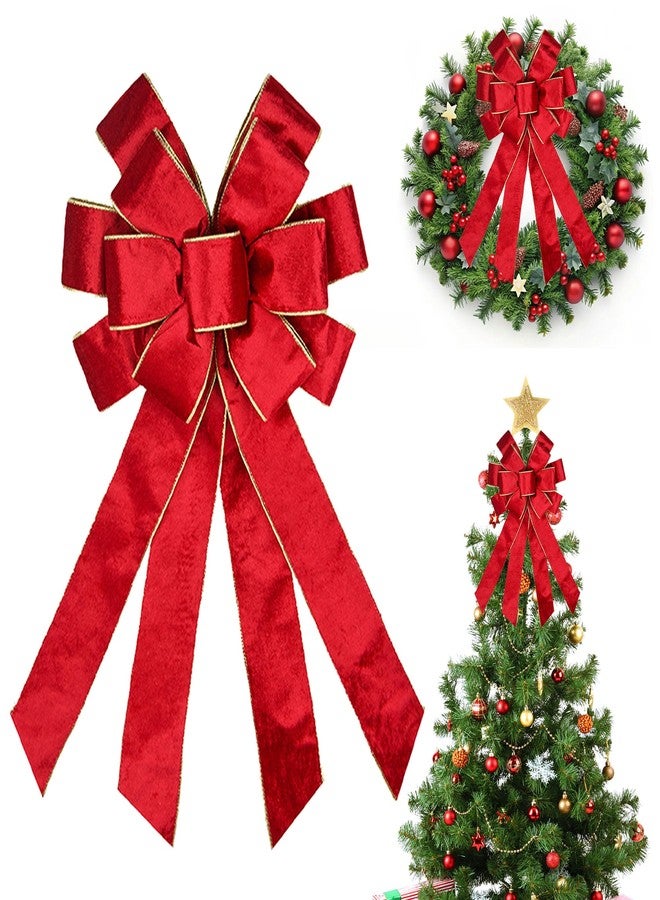 HIENAJ Large Christmas Bow for Wreath - Vintage Red Ribbon Tree Topper - Golden Edged Red Velvet Bows for Indoor Outdoor Xmas Party Decoration, Home Ornament Supplies - Image 1
